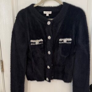 J. Crew Black Fuzzy Cardigan with Crystal Accents